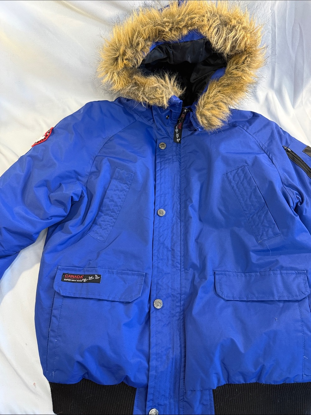 Canada Triple Goose Kids Royal Blue Puffer Jacket with Faux-Fur Trimmed Hood